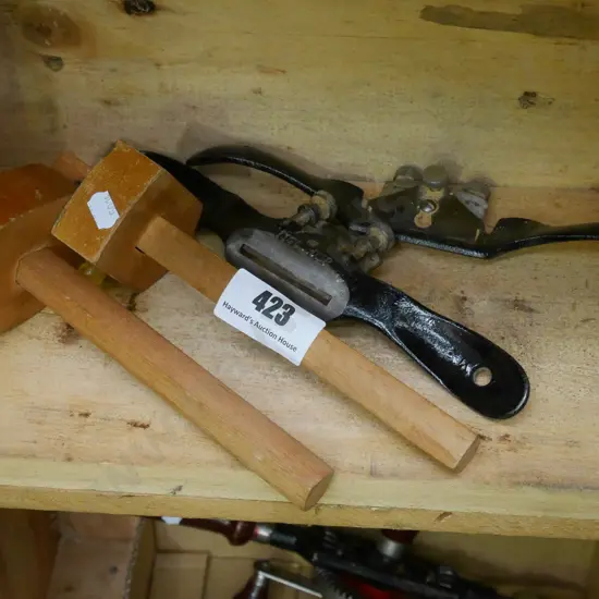 2 woodworker's gauges and spoke shaves