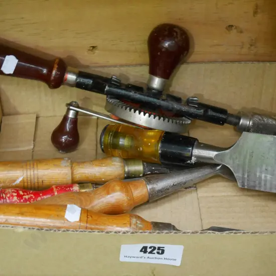 box; chisels, egg beater drill
