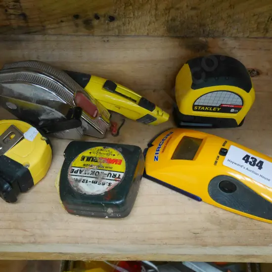 tape measures, string line, stud finder, craft knife