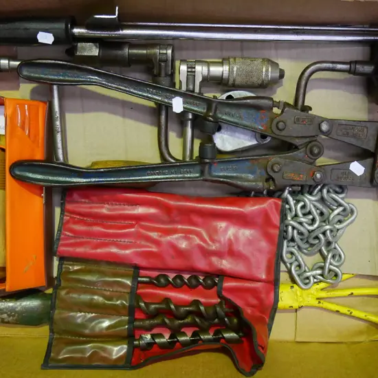 box; auger bits, chain, bolt cutters etc