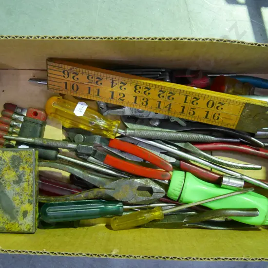 box; builder's rules, screwdrivers, allen keys etc