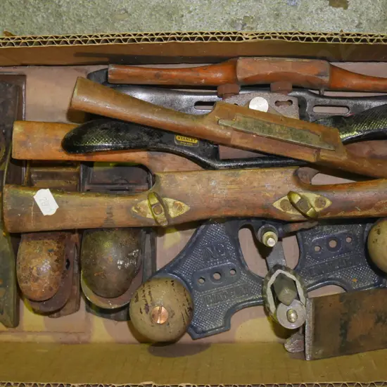 box; rusty router, hand planes, spoke shaves etc