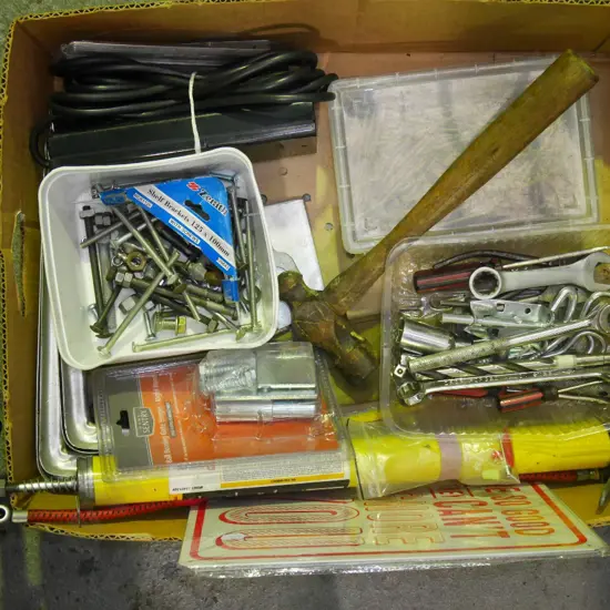 box; ball peen hammer, multi box, bike pump, nails etc