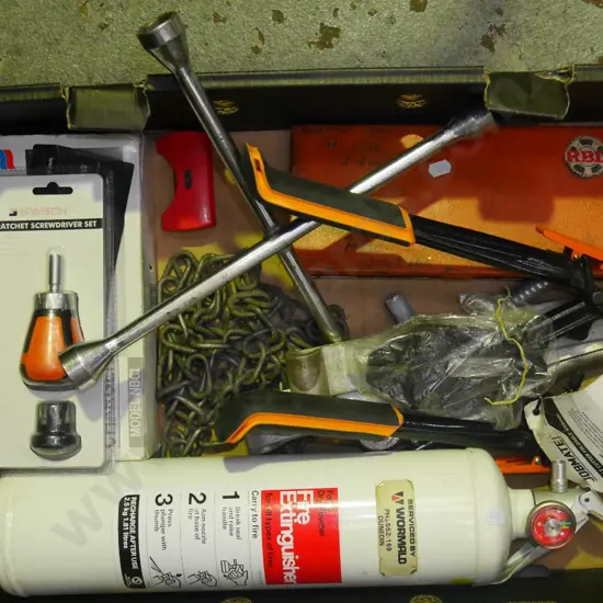 box; fire extinguisher, battery charger, bolt cutters etc