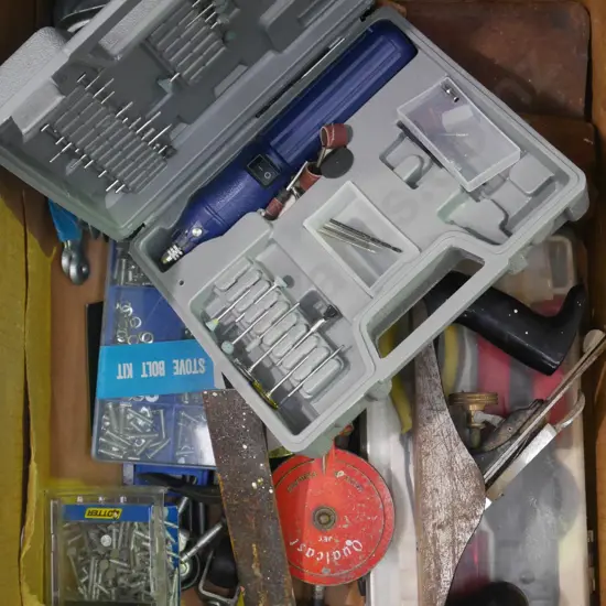 box; plane, wire strippers, small cased roto-matic tool etc
