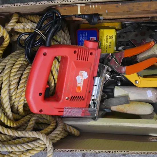 box; jigsaws, plasterer's trowels, rope etc