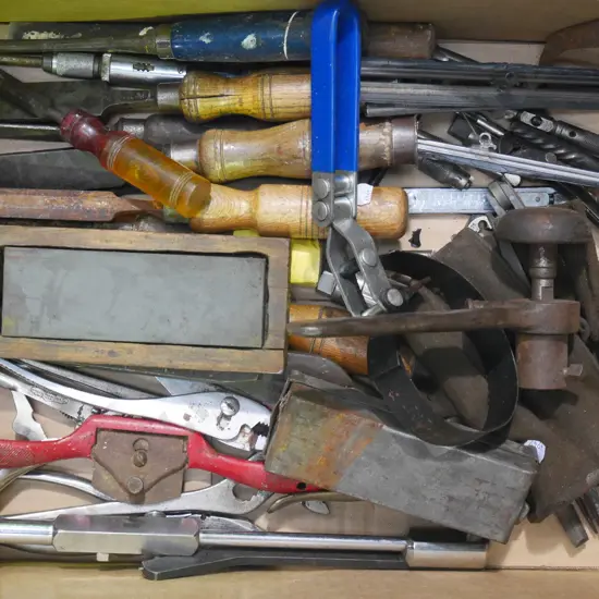 box; sharpening stone, chisel, spoke shave etc