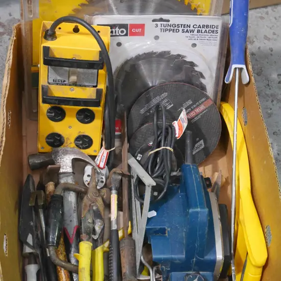 box; sword blades, tin snips etc