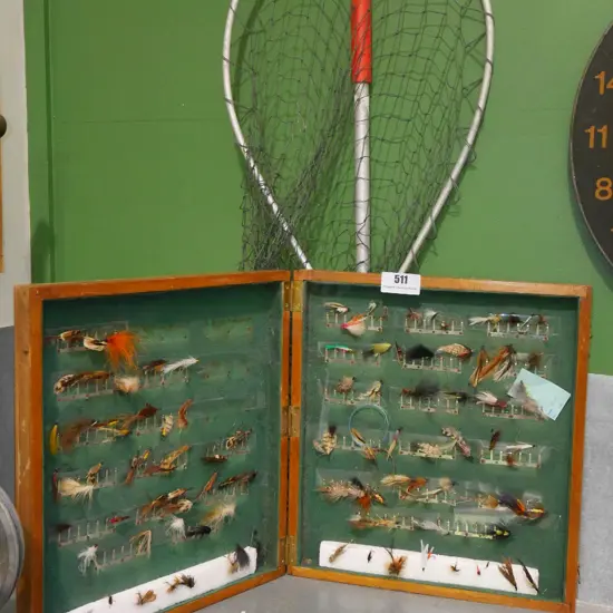 fly fishing flies, wooden storage case, landing net