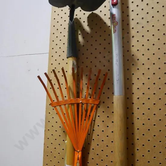 small grass rake, garden hoe
