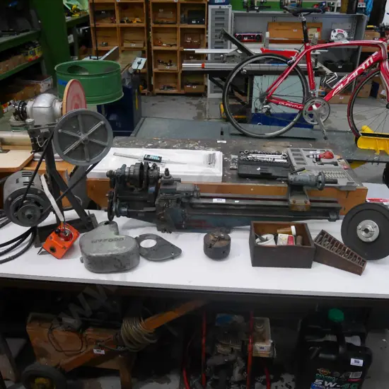 restorer's Myford metal working lathe, motor, cogs, head etc