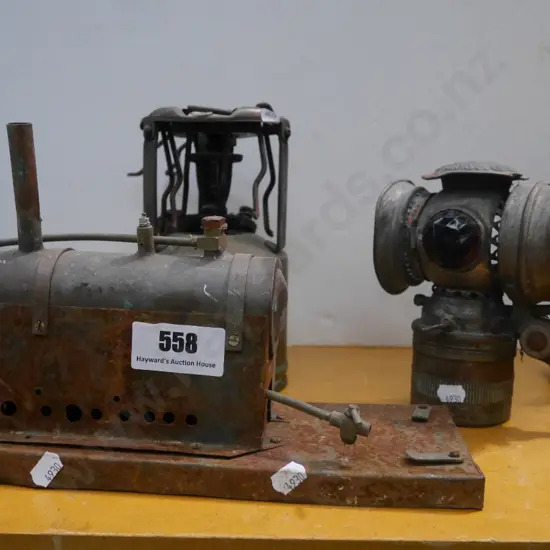 restorer's carriage lantern, camp stove, homemade steam engine