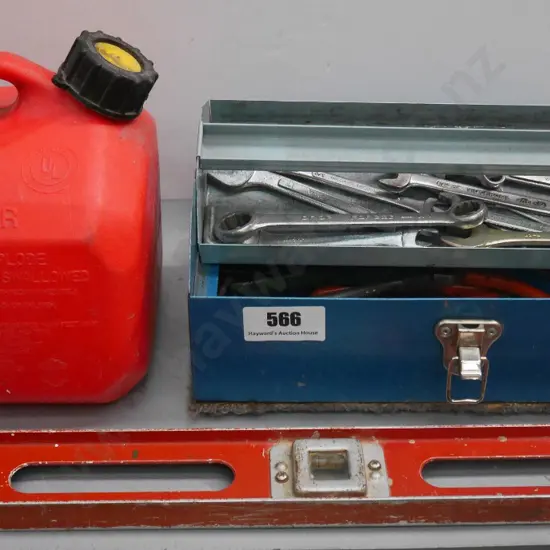 tool box and contents; 5L petrol container, builder's level