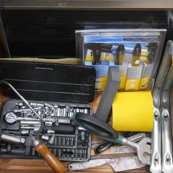 box; wall brackets, solar panel, paint brushes etc