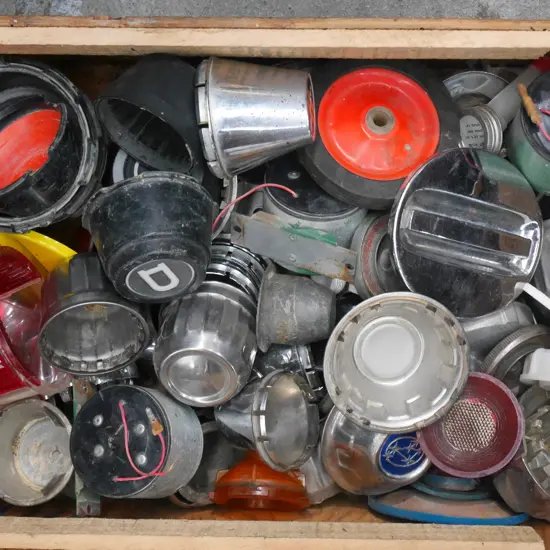 box of car parts; lights, petrol caps etc
