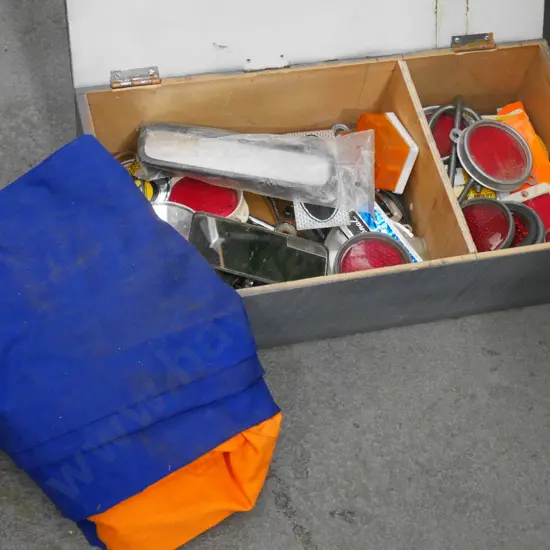 box; car parts, reflectors, badges, overalls