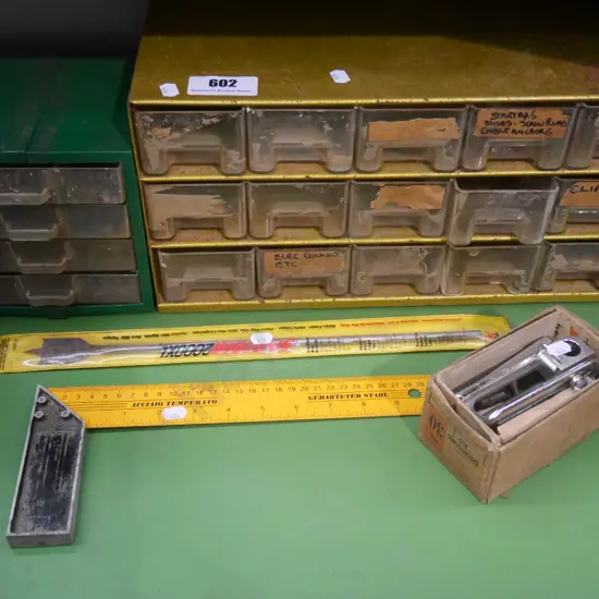 mini storage chests, spade bit, builder's square etc