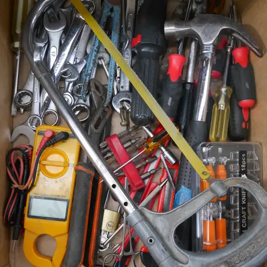 box; screwdriver, hammers, craft knife, spanners etc