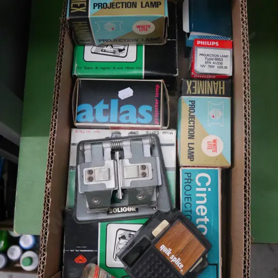 box; film projector lamps, splicers