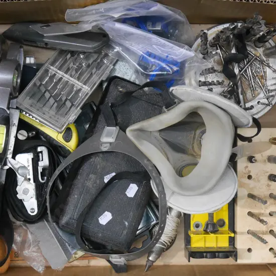 box; drill bits, levels, technical drawing kits, dust mask etc