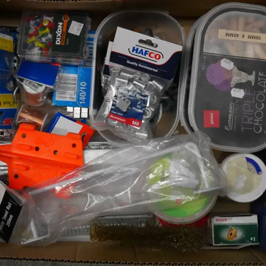 box; drawer runners, rivet nuts, tape measure etc