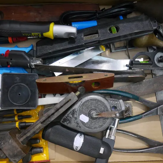 box; builder's squares, levels, miniature blow torch etc