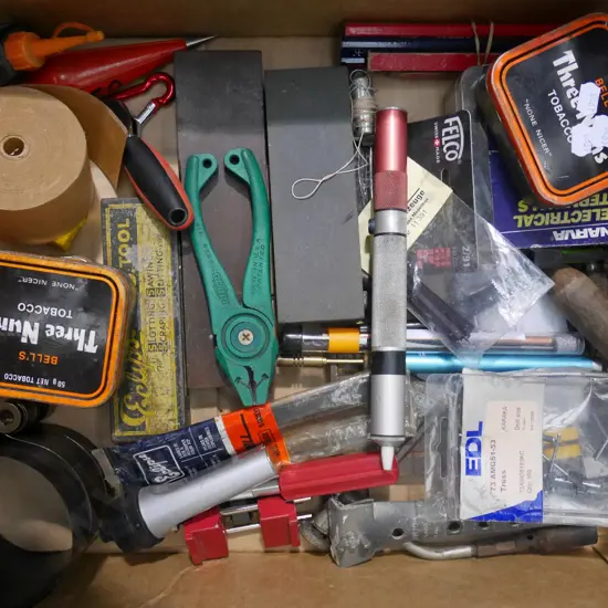 box; scraper, allen keys, builders pencils, framers tape etc