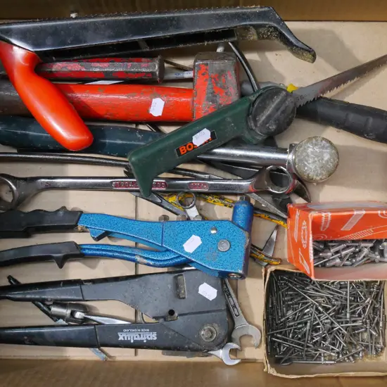 box; riveters, hammers, rasps etc