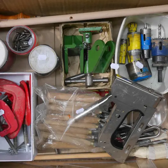box; stapler, carvers chisels, mini clamps etc