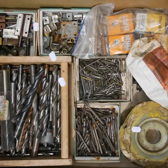 box; drill bits, split pins etc