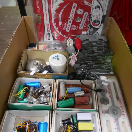 box; saw blades, electric items, tap and die set etc