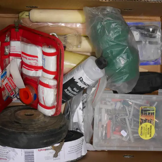 box; heavy rubber wheel, first aid, roller sleeves etc
