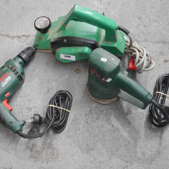 Bosch drill, sander, Hitachi planer