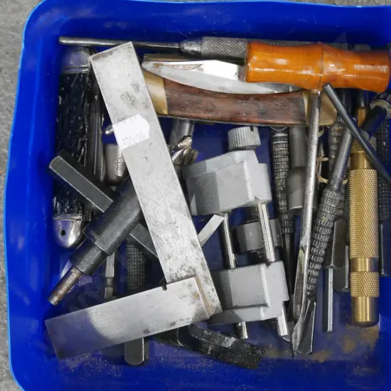 allsorts; small engineers squares, punches, pocket knife etc