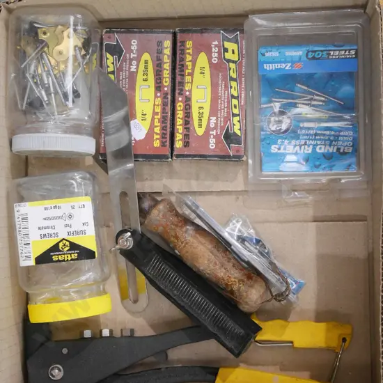 box; riveter, rivets, staples etc