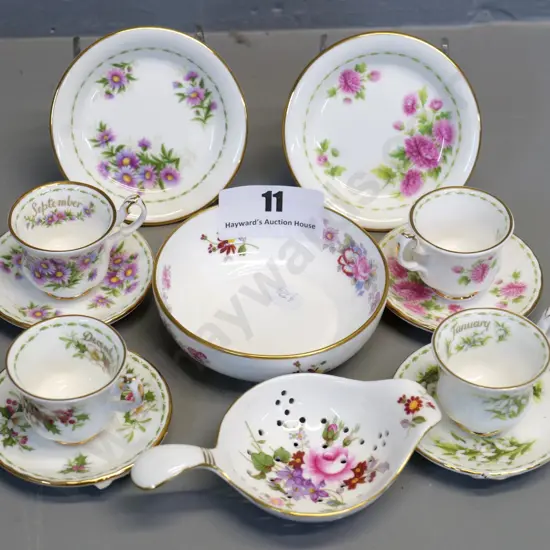 Royal Albert Flower of the month 2 miniature trios & 2 cups & saucers - and a Royal Crown Derby tea strainer & dish