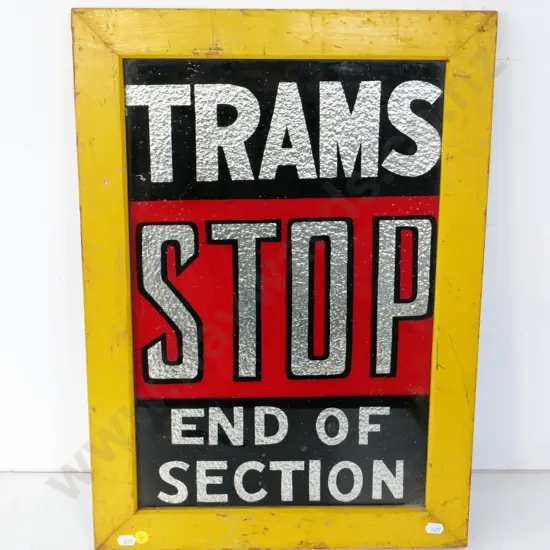 vintage timber framed glass Wellington tram sign with silver foil backing - Trams Stop - End of Section H535 W380