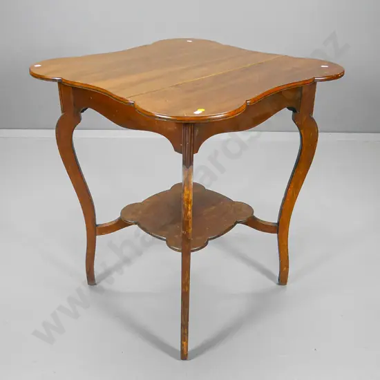 vintage kauri square occasional table with scalloped top and bottom shelf, separation of join on top H750 670x670