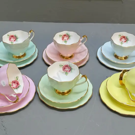 multi colour set of 6 Queen Anne trios