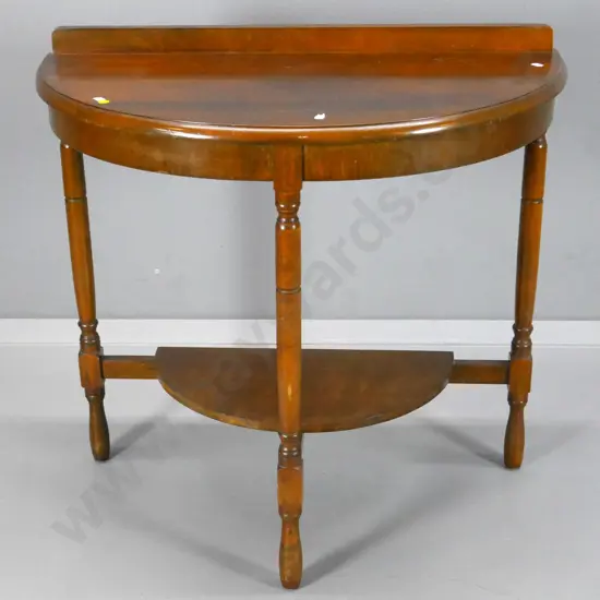 beech half-round hall table w/turned spindle legs, bottom shelf, marks to polish H-730 W-750 D-400