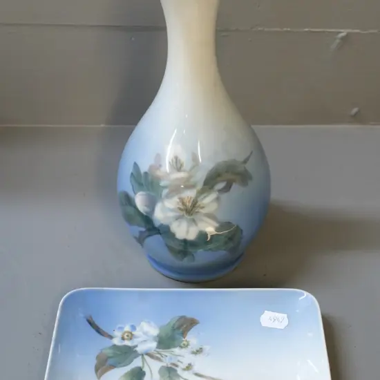 Royal Copenhagen apple blossom pattern vase No. 5357, H-220, and a small dish