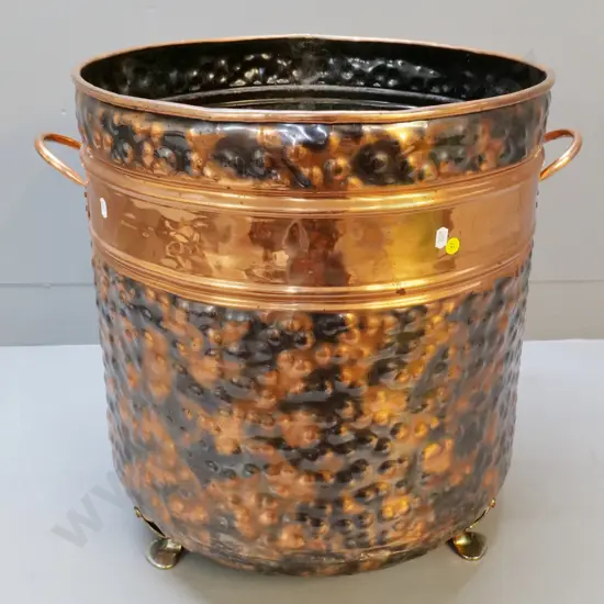 beaten copper wood bin with copper handles, on 3 brass feet H-490 Diameter 450