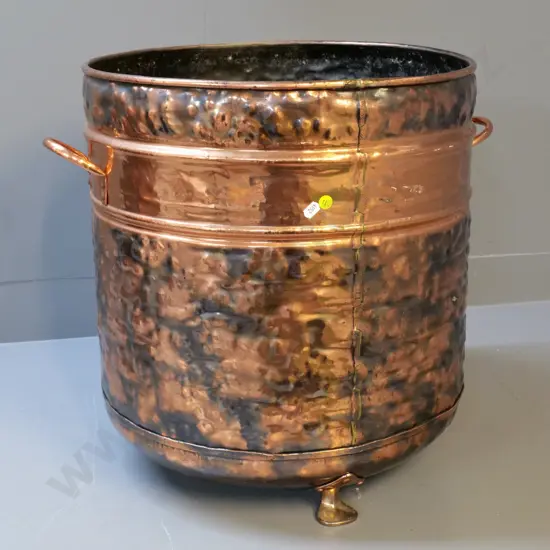 beaten copper wood bin with copper handles, on 3 brass feet H-490 Diameter 440 (slightly oval)