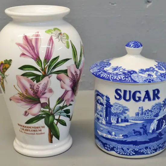 Portmeirion Botanic Garden vase H-220 and a lidded Spode Blue Italian sugar canister