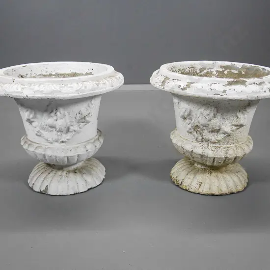 pair of classical style white painted cast concrete garden urns - some loss of finish H400 D430
