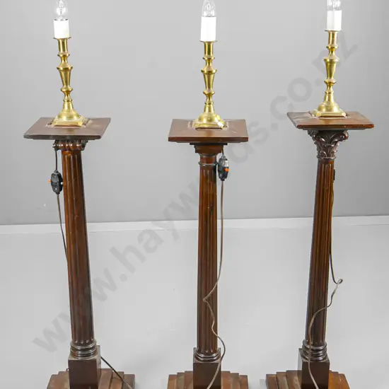 3 floor lamps, ex Portobello lodge, made from brass candlesticks on wooden column bases, each slightly different H1280