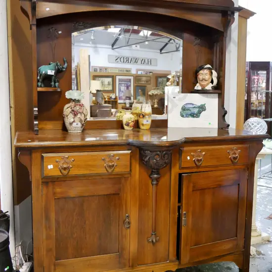 vintage deco kauri sideboard w/bevelled mirror top, 2 lined drawers, copper handles H1980 W1520 D560