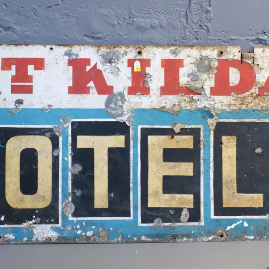 large painted metal St. Kilda Motels sign - significant flaking, damage & corrosion H-555 W-1220
