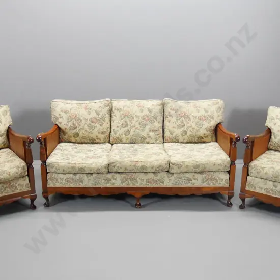 3-piece mahogany cab-leg bergere lounge suite with floral tapestry upholstery - 3 seater is H-840 L-1650 D-850
