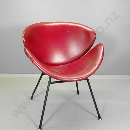retro lip chair with red leather on black metal frame - scratches and wear to leather H770 W660 D650